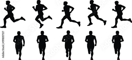 Man, silhouette, set, isolated, on, white, background, running, sprinting, jogging, athlete, vector, icons, collection, design.