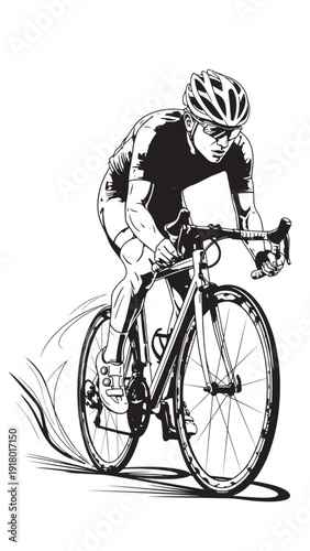 Stylized black and white illustration of a cyclist in action on a road.