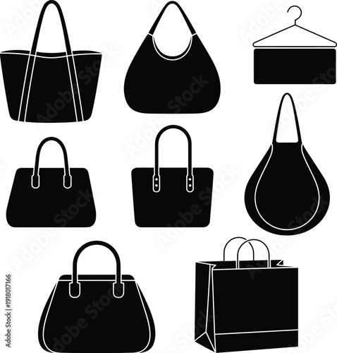 Handbag and Shopping Bag Silhouette Collection Vector Set Featuring Tote, Purse and Retail Paper Bag Icons Isolated on White Background