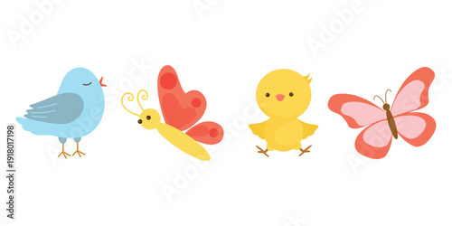 Bird, Chick and Butterfly. Cute Spring Birds and Butterflies Set