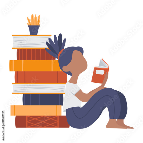 Woman reading book sitting on floor near stack of books and plant, cozy home lifestyle vector illustration