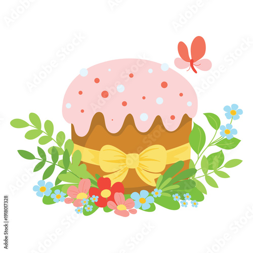 Easter Cake with Floral Foliage. Spring Cake Decoration Illustration. Festive Flower Topped Cake
