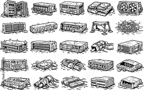 Line vector icons of 21st-century datacenter remains: corroded rack towers, dust-layered fiber trays, broken controller bays,