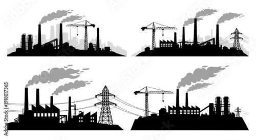 Industrial landscapes with factories and power lines silhouetted against a white background.