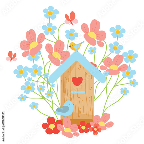 Birdhouse with Spring Flowers Illustration. Flowered Birdhouse Garden Scene. Wooden Birdhouse, Birds and Blooms