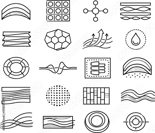 Line style icons of high-performance bioclimatic façade: ventilated surface arc, porous mesh tile, thermal equalizer node,