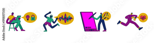 Flat Vector Human Activities Graphic Set for Technology and Wellness Lifestyle Interface Design