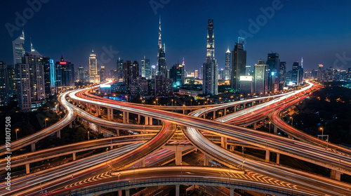 Photography 未来都市の夜景：多重交差するハイウェイと光のライン