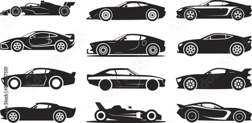 Car, silhouette, set, isolated, on, white, background, racing, sports, vehicle, transportation, vector, icons, collection, design.