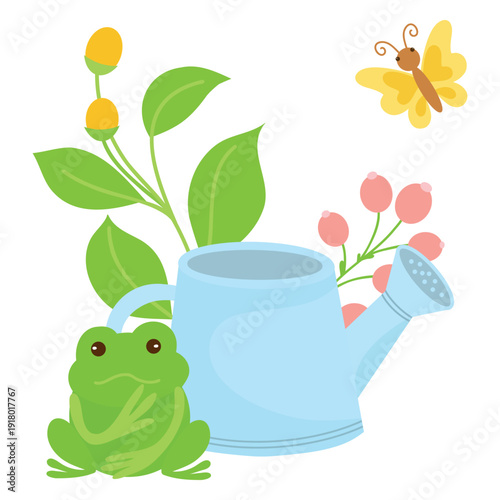 Watering Can with Frog and Plants, Whimsical Garden Illustration. Frog and Watering Can, Cute Garden Scene.