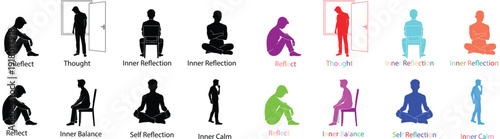 Silhouette of person meditating in various yoga poses with colorful gradient effect on white background for wellness and mindfulness