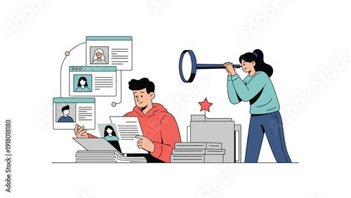 Human resources and recruitment concept featuring professionals researching candidate profiles and resumes with a telescope.
