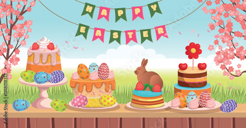 Easter cake on the table. Easter banner with a  cherry blossoms. Colored eggs lie hidden in the grass. Happy Easter.