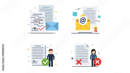 Set of business communication and application icons representing document verification, email messaging, and candidate selection results.
