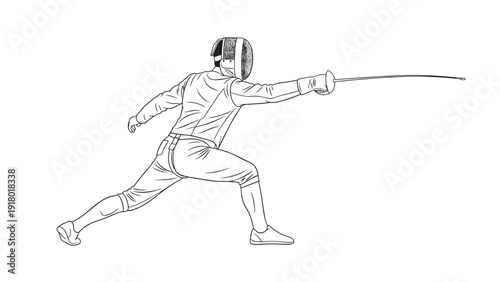 Fencer in dynamic lunge with foil during a fencing match on an indoor strip.