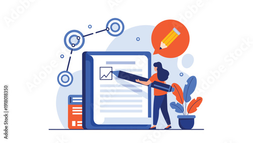 Creative woman using a large pen to sign a digital document or draw a growth chart on a mobile tablet device for business.