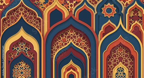 Intricate Ramadhan Patterns Adorning Mosque Architecture with Ornate Details and Vibrant Colors