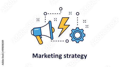 Creative marketing strategy concept featuring symbols for communication, energy, and mechanical execution like a megaphone and gear.