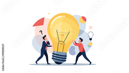 Problem solving and creative brainstorming concept with people working together to manage a giant light bulb representing an idea.