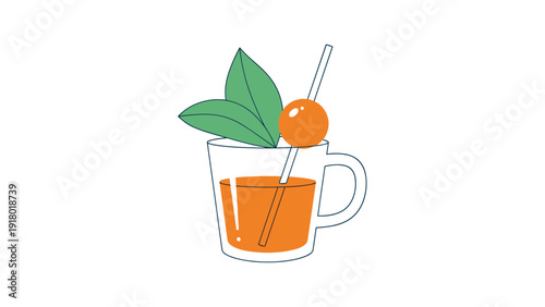 Refreshing glass of orange juice garnished with fresh green leaves and a cherry, perfect for a healthy summer beverage.