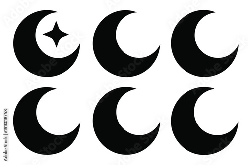 set of crescent moon icon line art silhouette vector illustration