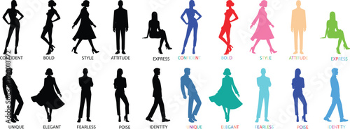 Silhouette of dancing woman in various colorful poses and outfits in modern minimalist style for fashion design