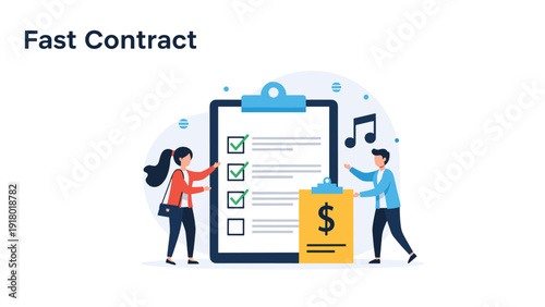 Efficient fast contract and financial agreement concept showing people checking a business list and a dollar clipboard for payment.