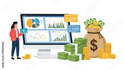 Data analysis and wealth management concept featuring a computer monitor with charts next to a large money bag and stacks of cash.
