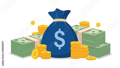 Big blue money bag with dollar sign surrounded by stacks of paper currency and gold coins representing wealth and savings.