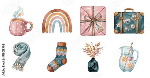 Cozy Watercolor Lifestyle Sticker Set, Hand Drawn Illustration