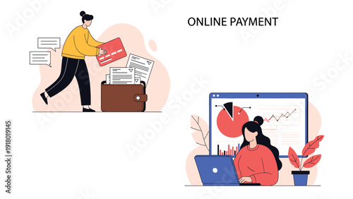 Online payment and financial statistics concept with people using credit cards, digital wallets, and analyzing data charts.