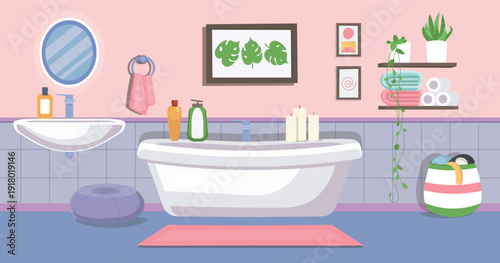 Modern bathroom in pastel colors. Bathtub, sink.Bathroom with a bathtub, sink, and cabinet. Vector illustration