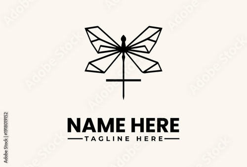 A minimalist logo featuring a geometric dragonfly design with a cross-like element and placeholder text on a light beige background.