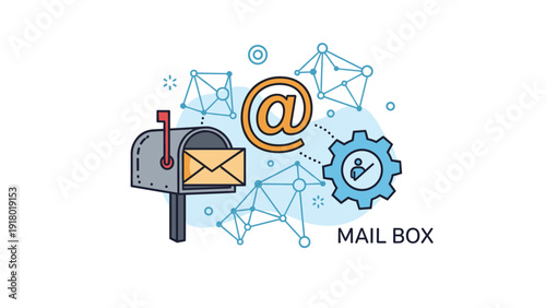 Mailbox communication and networking concept showing a letter in a box next to an at symbol and connected nodes.