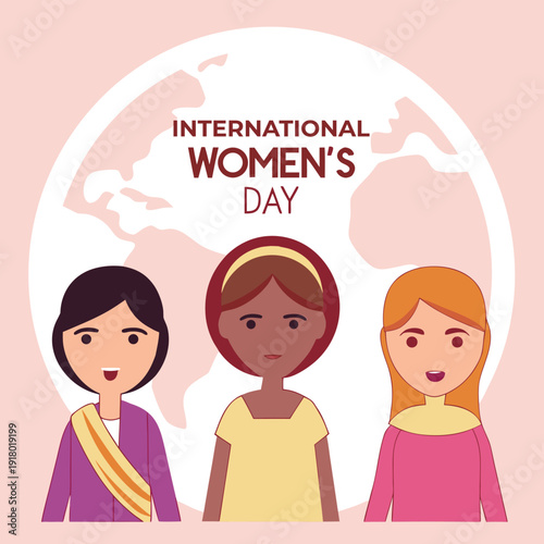 International womens day diverse women celebrating together united group standing earth background illustration empowerment and equality concept
