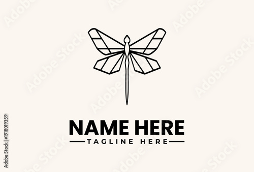 A minimalist dragonfly logo with a placeholder name and tagline on a clean, beige background, featuring a simple black line illustration.