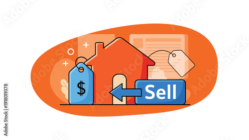 Real estate sale concept showing a house icon with price tags and a blue arrow button indicating it is ready to sell.