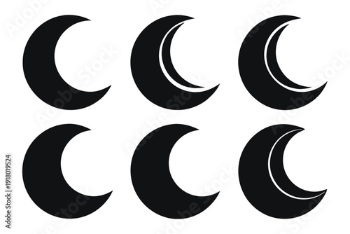 set of crescent moon icon line art silhouette vector illustration