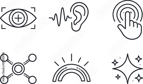 Line vector icons of technologies for enhancing senses (sensory extension suite): vision mark, hearing wave, tactile marker,