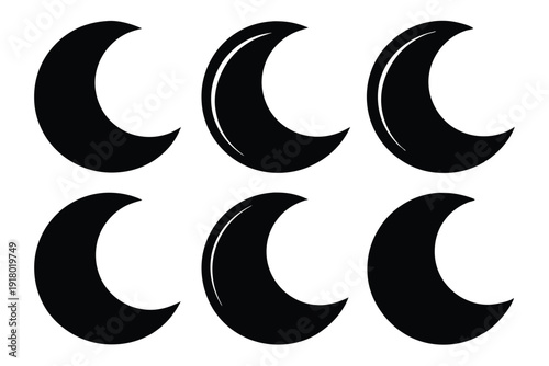 set of crescent moon icon line art silhouette vector illustration