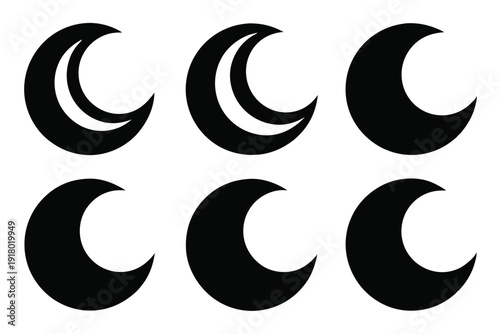 set of crescent moon icon line art silhouette vector illustration