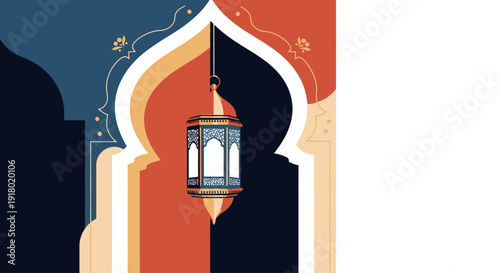 Celebrating Ramadhan with lanterns hanging from arches in a serene evening atmosphere viewed from the front