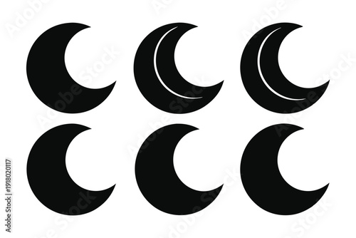 set of crescent moon icon line art silhouette vector illustration