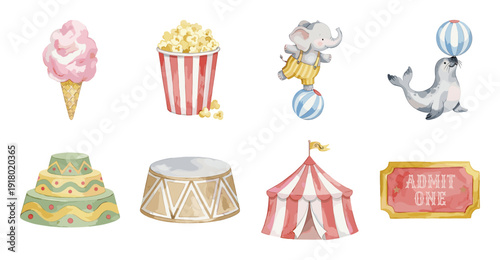 Watercolor Vintage Circus Sticker Set, Vector Illustration
