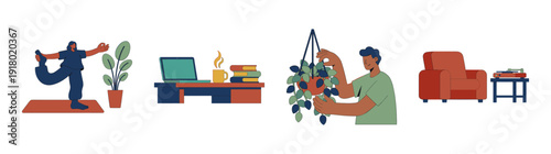 Flat Vector Lifestyle and Wellness Illustration Element Kit for Remote Work and Self-Care Concepts