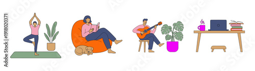 Flat Vector Lifestyle and Wellness Illustration Set for Work Life Balance and Remote Hobby Concepts