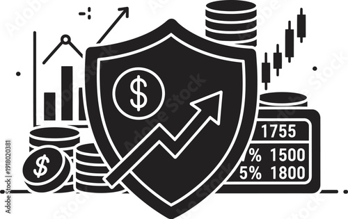 Financial security shield with growing chart and coins, symbolizing investment protection and profit growth in business and finance