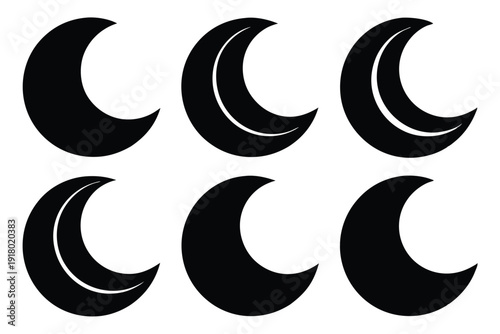 set of crescent moon icon line art silhouette vector illustration