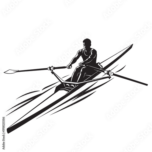 Silhouette of a rower in a single scull gliding over calm water in mid‑motion during a race.