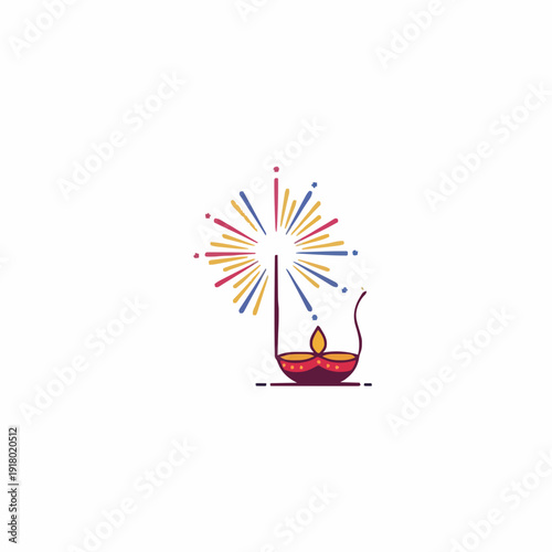 Diya With Fireworks Illustration A Traditional Oil Lamp Ignited With Colorful Firework Bursts Against A White Background